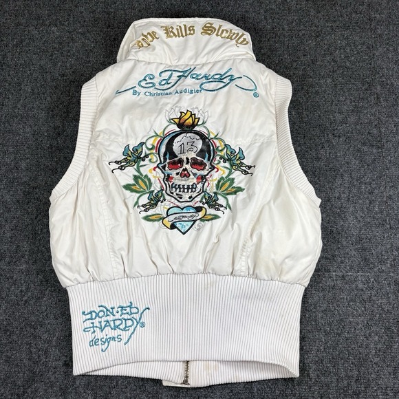 Stunning Rare ED HARDY By Christian Audigier Y2K Embroidered Down Puffer Vest XL - Picture 1 of 16